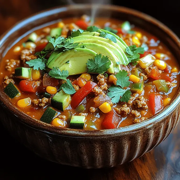 Chili is a cherished comfort food that warms the soul and fills the belly, making it a favorite for gatherings, weeknight dinners, and those chilly days when you just need something hearty. Its origins can be traced back to the American Southwest, where it was traditionally made with meat, tomatoes, and spices. Over time, chili has evolved into numerous variations, accommodating various dietary preferences and ingredients. Today, we introduce a delightful twist on the classic dish: Veggie-Packed Turkey Chili.