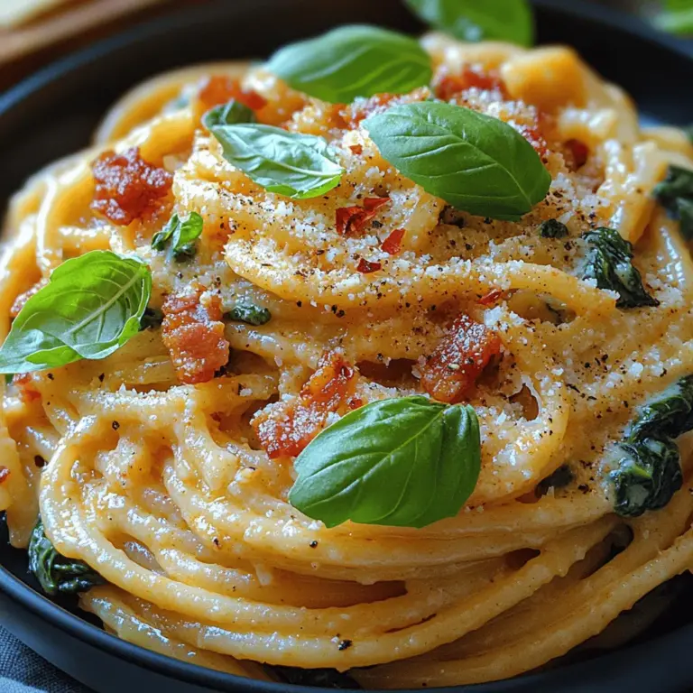 If you’re looking for a quick yet indulgent meal, the Savory Bacon & Spinach Delight is a recipe that will undoubtedly satisfy your cravings. This creamy pasta dish brings together the rich, savory flavors of thick-cut bacon, the freshness of vibrant spinach, and a luscious cream sauce that ties everything together. It’s a perfect choice for a weeknight dinner or a cozy weekend meal, offering both comfort and gourmet flair.