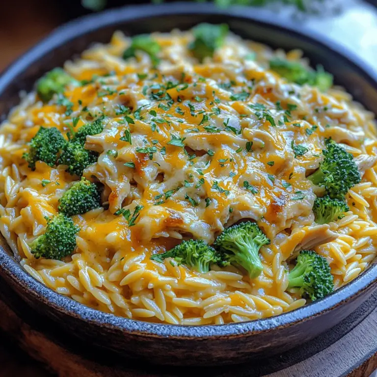 Cheesy Chicken Broccoli Orzo is a delightful dish that brings together three main components: orzo pasta, chicken, and broccoli, all smothered in a creamy cheese sauce. Orzo, a rice-shaped pasta, is known for its versatility and ability to absorb flavors, making it an ideal base for this dish. The chicken adds a hearty protein element, ensuring that you feel full and satisfied, while the broccoli provides a pop of color and crunch, along with a wealth of nutrients.