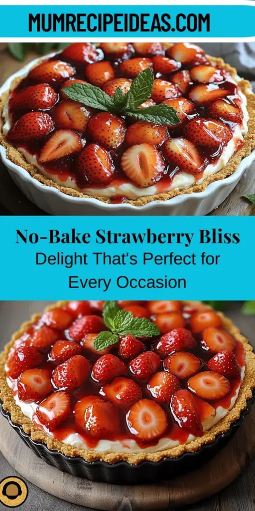 Celebrate spring with a delightful No-Bake Strawberry Bliss Delight, the perfect dessert for any occasion. This easy, no-bake treat features a creamy filling paired with fresh strawberries, all atop a crunchy graham cracker crust. Not only is it visually stunning, but it's also packed with vitamins and antioxidants. Impress your friends at summer gatherings or family picnics without the fuss of baking. Enjoy this refreshing indulgence that's as delicious as it is beautiful!