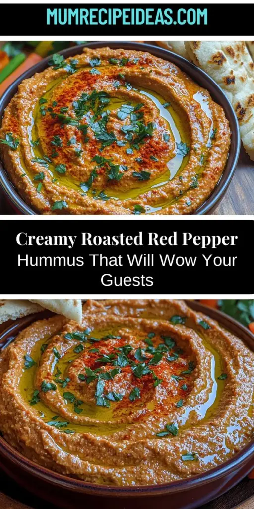 Discover the delightful flavors of creamy roasted red pepper hummus with this easy and nutritious recipe. This vibrant dip combines chickpeas, roasted red peppers, tahini, and fresh lemon juice for a deliciously smooth texture that's perfect for parties or a healthy snack. Packed with protein and fiber, this hummus is versatile enough to serve with fresh veggies, pita, or as a spread in sandwiches. Elevate your appetizer game and enjoy the health benefits of homemade hummus!