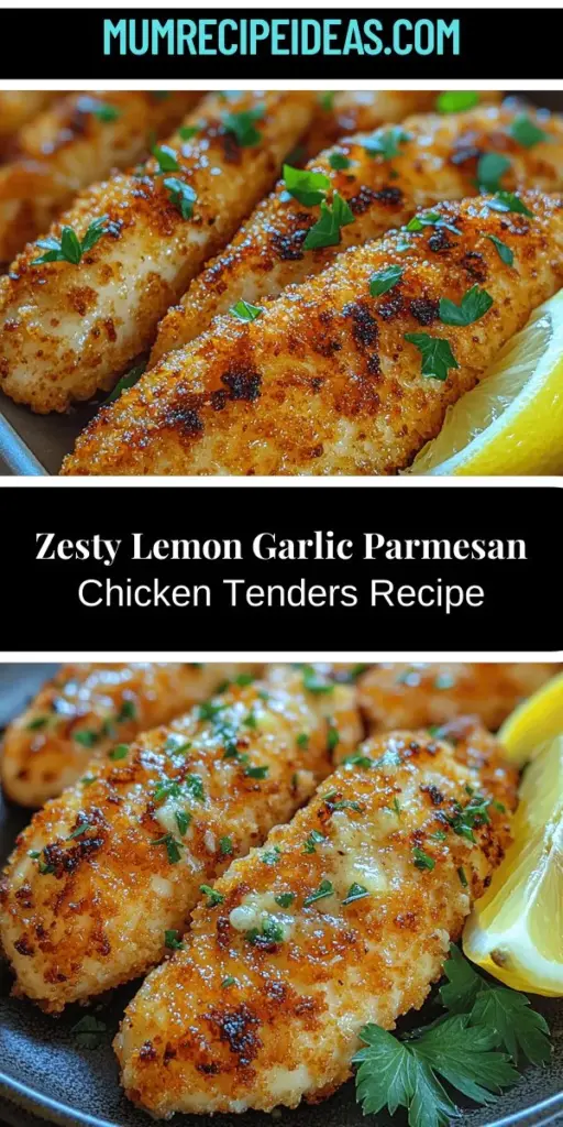 Discover the mouthwatering flavors of Lemon Garlic Parmesan Chicken Tenders with this easy recipe! Enjoy the perfect blend of zesty lemon, aromatic garlic, and savory Parmesan cheese, all wrapped around tender chicken strips. Ideal for weeknight dinners or gatherings, these versatile tenders can be paired with salads, wraps, or your favorite dipping sauces. Learn how to create a crispy, irresistible coating for a dish that's sure to impress family and friends alike!