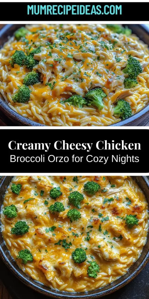 Discover the comforting delight of Cheesy Chicken Broccoli Orzo, a perfect one-pot meal that combines tender orzo pasta, succulent chicken, and vibrant broccoli in a rich, creamy cheese sauce. This dish not only satisfies cravings but also offers a nutritious balance of flavors and textures. Ideal for family dinners or meal prep, you'll find it easy to make and irresistibly delicious. Follow our step-by-step guide to bring this heartwarming recipe to your table!