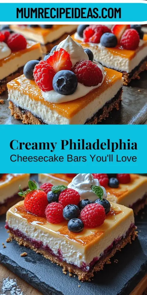 Indulge in the Creamy Dreamy Philadelphia Cheesecake Bars, a perfect balance of creamy filling and crunchy graham cracker crust. These delectable bars are easy to make and ideal for sharing at gatherings or family dinners. Featuring rich Philadelphia cream cheese and topped with fresh berries, they combine sweetness and tang for a taste sensation. Discover step-by-step instructions and serving suggestions to elevate your dessert game. Make every occasion a little sweeter with this delightful treat!