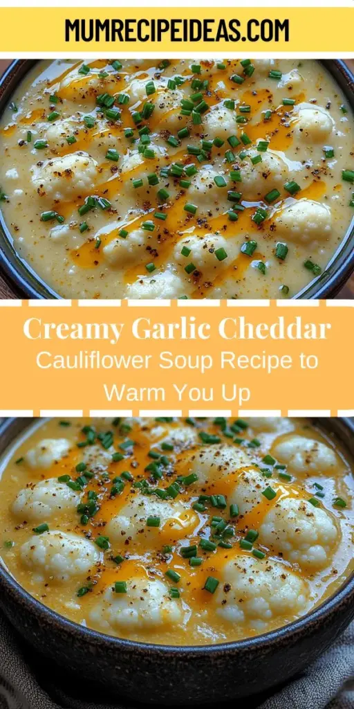 Warm up this fall with a bowl of Heavenly Garlic Cheddar Cauliflower Soup! This comforting dish features a creamy blend of nutritious cauliflower, aromatic garlic, and sharp cheddar cheese. Ideal for chilly days, this soup not only satisfies your hunger but also wraps you in warmth. Perfect for casual dinners or festive gatherings, it’s easy to prepare and bursting with flavor, making it a favorite for any occasion. Enjoy every delicious spoonful!