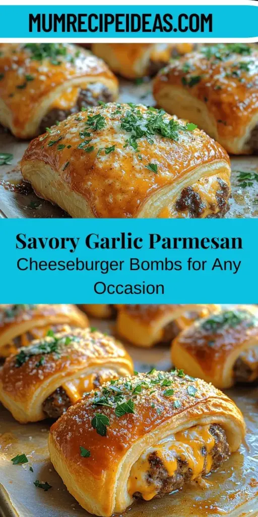 Satisfy your cravings with Garlic Parmesan Cheeseburger Bombs, a delicious twist on the classic cheeseburger. These irresistible snacks feature juicy ground beef, gooey cheese, and a hint of garlic, all wrapped in flaky crescent roll dough. Perfect for game days or gatherings, they combine savory flavors that everyone will love. Easy to customize with different cheeses or spices, these bite-sized delights will impress family and friends with their crispy exterior and cheesy filling.