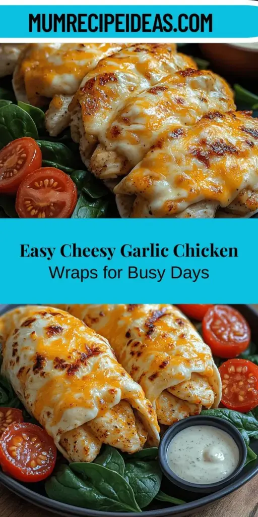 Discover the ultimate comfort food with these Cheesy Garlic Chicken Wraps! Perfect for lunch, dinner, or a quick snack, this recipe is packed with tender chicken, melted cheese, and fresh veggies, all wrapped in a soft tortilla. Easy to customize, you can add extra spices, different cheeses, or your favorite vegetables. Follow our step-by-step guide to create a flavorful, satisfying meal that will delight your taste buds and impress your family or friends. Enjoy a delicious wrap that delivers both taste and convenience!