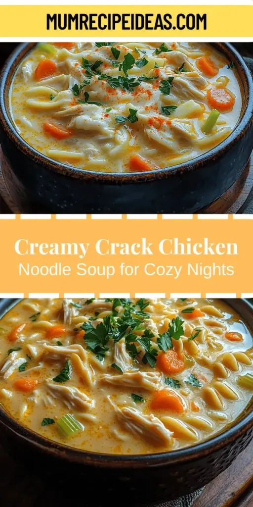 Warm up your chilly evenings with this delicious Creamy Crack Chicken Noodle Soup, a unique twist on a beloved classic. This rich and hearty soup features tender chicken, wide egg noodles, and a creamy base made with cream cheese and cheddar cheese, all accented by zesty ranch seasoning. Perfect for cozy family dinners or weeknight meals, this easy recipe combines comfort and indulgence, making it a satisfying choice for any occasion. Discover the joy of homemade soup and share the warmth with your loved ones!