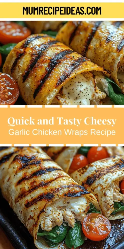 Discover the ultimate quick and delicious meal with these Cheesy Garlic Chicken Wraps! Featuring tender chicken, creamy cheeses, and flavorful garlic all wrapped in a soft tortilla, these versatile wraps are perfect for busy weeknights or casual gatherings. Easy to customize with your favorite ingredients, they can be enjoyed warm, cold, or as bite-sized pinwheels. Whether for lunch, dinner, or meal prep, these wraps are sure to be a hit with the whole family!