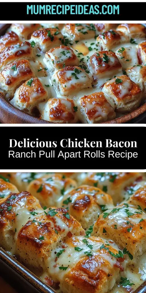 Discover the ultimate crowd-pleaser with these Scrumptious Chicken Bacon Ranch Pull Apart Rolls! Perfect for any gathering, this dish features fluffy rolls filled with tender shredded chicken, crispy bacon, and creamy ranch dressing, all tied together with melty cheese. Easy to share and fun to eat, these rolls are a delicious addition to game days, family dinners, or festive parties. Get ready for an irresistible treat that will have everyone coming back for seconds!