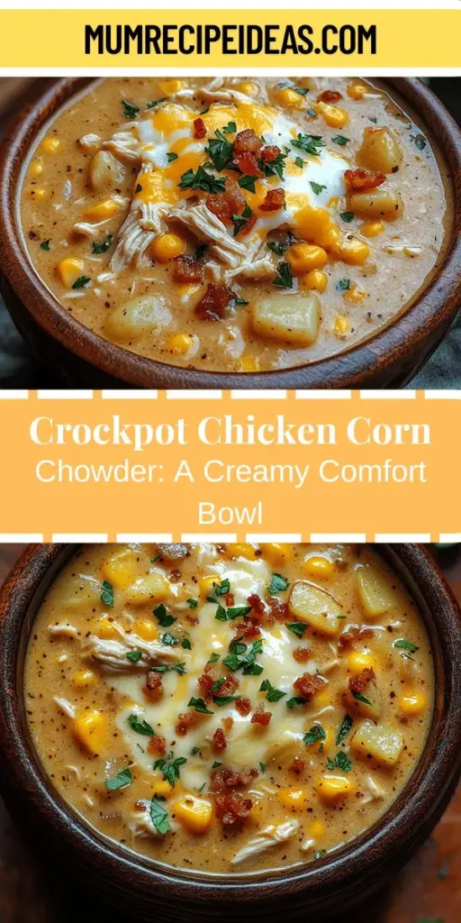 Discover the ultimate comfort food with this Creamy Dreamy Crockpot Chicken Corn Chowder recipe. Perfect for busy nights or cozy gatherings, this dish combines tender chicken, sweet corn, and a creamy base for a satisfying meal. Simply layer your ingredients in a slow cooker and let them meld together for deep flavors while you go about your day. Enjoy the ease of preparation and the rich, hearty goodness that will warm your soul with every spoonful.