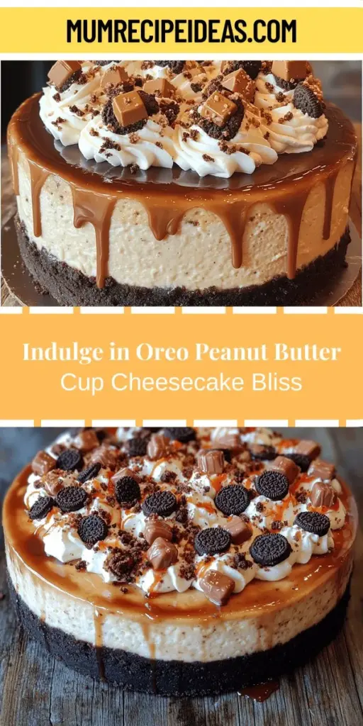 Indulge in the rich and creamy delight of Oreo Peanut Butter Cup Cheesecake! This decadent dessert features a crunchy Oreo crust, a luscious peanut butter filling, and is topped with whipped cream and chocolate drizzle, making it perfect for any occasion. Whether you're hosting a party or treating yourself, this cheesecake is a showstopper that balances sweet and salty flavors in every bite. Follow our simple recipe and create a dessert that will impress and satisfy your sweet tooth!