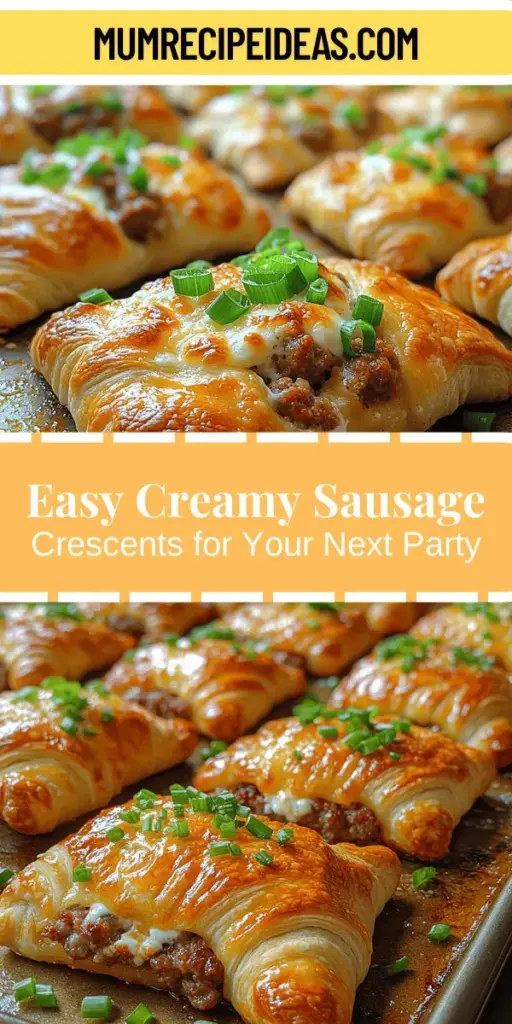Discover the irresistible Creamy Sausage Crescents, the perfect appetizer for any gathering! These easy-to-make treats feature a savory filling of Italian sausage, cream cheese, and delicious cheeses, all wrapped in flaky crescent roll dough. Customize the filling with your favorite ingredients and enjoy the delightful combination of creamy and crispy textures. Ideal for parties or simply a cozy night in, these crescents will become a new favorite! Perfect for entertaining and satisfying cravings alike.