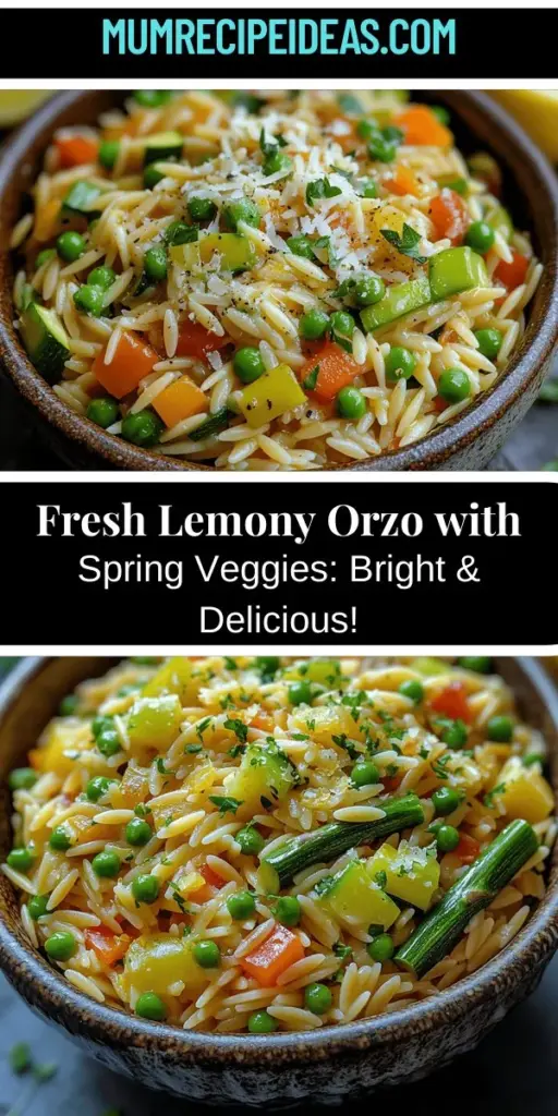 Lemony Orzo with Spring Vegetables is a vibrant dish that perfectly captures the essence of spring. This recipe highlights fresh seasonal vegetables like asparagus, peas, zucchini, and bell peppers tossed in tender orzo pasta, all brought together with a zesty lemon dressing. It's not only visually appealing but packed with health benefits and rich flavors, making it an ideal light meal for sunny days or gatherings. Enjoy a dish that celebrates freshness and seasonal cooking!