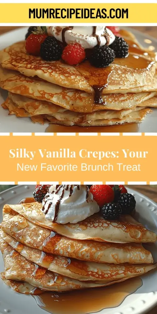 Discover the art of making Silky Vanilla Crepes Delight, a dish that epitomizes elegance and flavor. These delicate pancakes are perfect for breakfast, brunch, or dessert, allowing for endless customization with your favorite fillings and toppings. This easy recipe guides you in preparing light, airy crepes infused with rich vanilla. Whether you're hosting friends or enjoying a cozy family meal, these crepes are sure to impress with their delightful taste and sophisticated presentation. Perfect for any occasion!