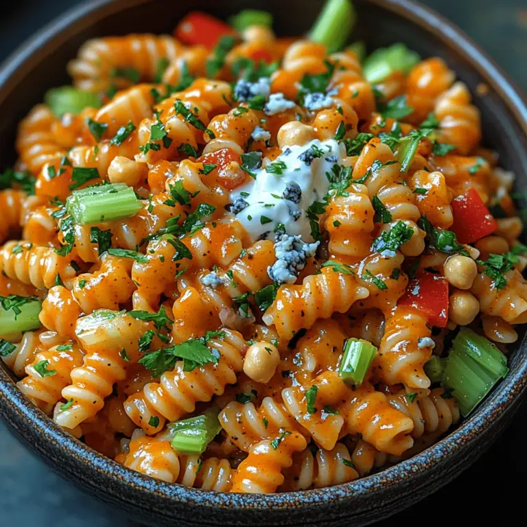 Buffalo Chickpea Pasta Salad is a vibrant, satisfying dish that marries the classic comfort of pasta with the bold, zesty flavors of buffalo sauce. This innovative salad is not just a feast for the taste buds but also a celebration of fresh ingredients, making it an ideal option for summer gatherings, potlucks, and quick weeknight dinners. The combination of tender rotini pasta, hearty chickpeas, and a medley of crunchy vegetables creates a delightful textural contrast that will please even the pickiest of eaters.