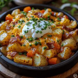 If you're searching for a hearty breakfast option that not only satisfies your hunger but also delights your taste buds, look no further than the Loaded Baked Potato Breakfast Skillet. This dish brings together a medley of flavors and textures, with crispy, golden potatoes serving as the base, savory bacon adding a smoky richness, and creamy eggs crowning the ensemble. Each bite is a delicious combination of crunchy, tender, and creamy elements that will transform your morning routine.