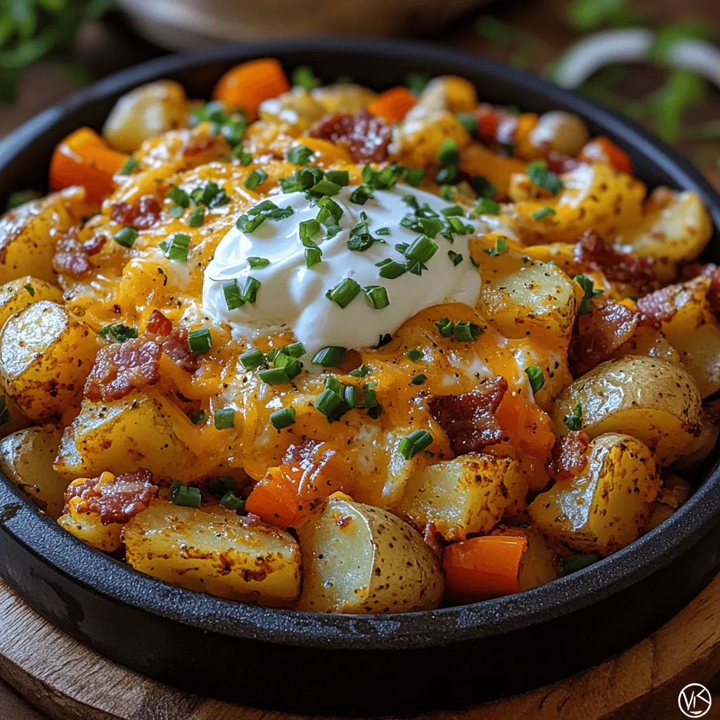 If you're searching for a hearty breakfast option that not only satisfies your hunger but also delights your taste buds, look no further than the Loaded Baked Potato Breakfast Skillet. This dish brings together a medley of flavors and textures, with crispy, golden potatoes serving as the base, savory bacon adding a smoky richness, and creamy eggs crowning the ensemble. Each bite is a delicious combination of crunchy, tender, and creamy elements that will transform your morning routine.