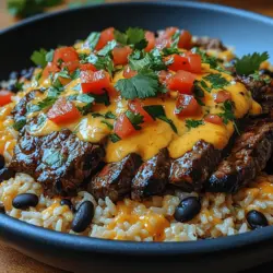 Welcome to the world of Sizzling Steak & Queso Rice, a dish that beautifully melds savory steak with vibrant, flavorful rice and a rich, creamy queso sauce. This culinary delight is more than just a meal; it's an experience that transports your taste buds straight to a bustling fiesta. The juxtaposition of the juicy steak against the backdrop of colorful rice and a luscious cheese sauce creates a symphony of flavors that is both comforting and satisfying.