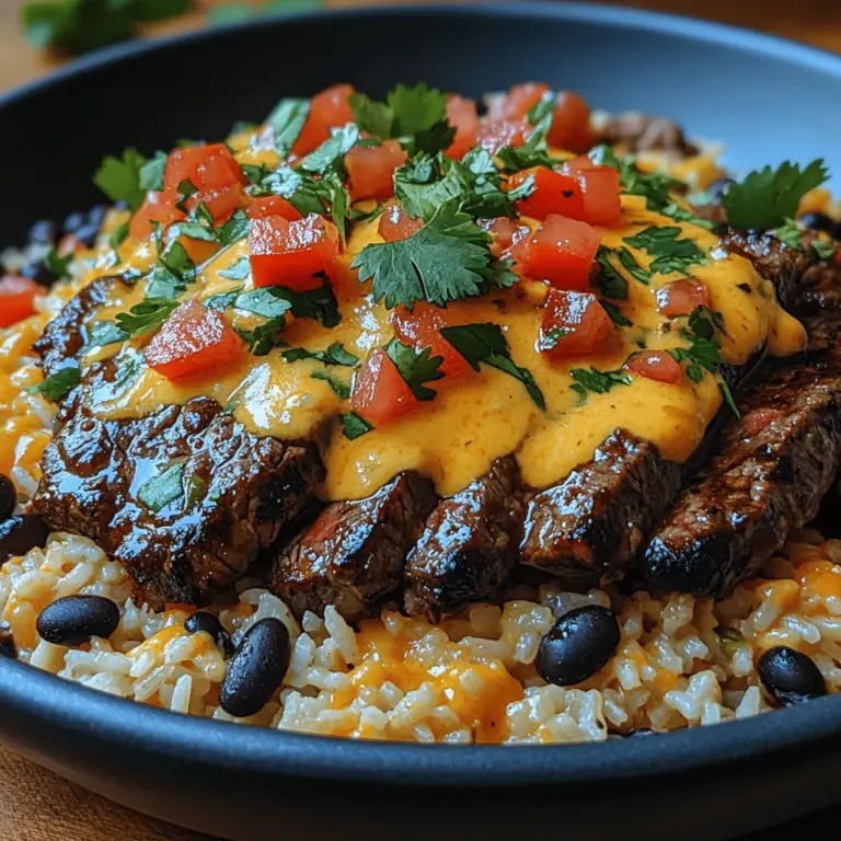 Welcome to the world of Sizzling Steak & Queso Rice, a dish that beautifully melds savory steak with vibrant, flavorful rice and a rich, creamy queso sauce. This culinary delight is more than just a meal; it's an experience that transports your taste buds straight to a bustling fiesta. The juxtaposition of the juicy steak against the backdrop of colorful rice and a luscious cheese sauce creates a symphony of flavors that is both comforting and satisfying.