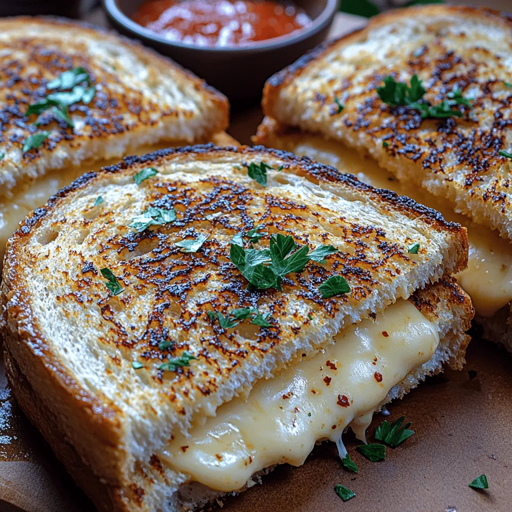 At the foundation of our Garlic Bliss Grilled Cheese Sandwich is the bread: sourdough. This unique type of bread is characterized by its distinct tangy flavor and chewy texture, resulting from a natural fermentation process that involves wild yeast and lactic acid bacteria. Sourdough’s slightly sour taste pairs beautifully with the richness of cheese, providing a perfect balance that enhances the overall flavor profile of the sandwich.