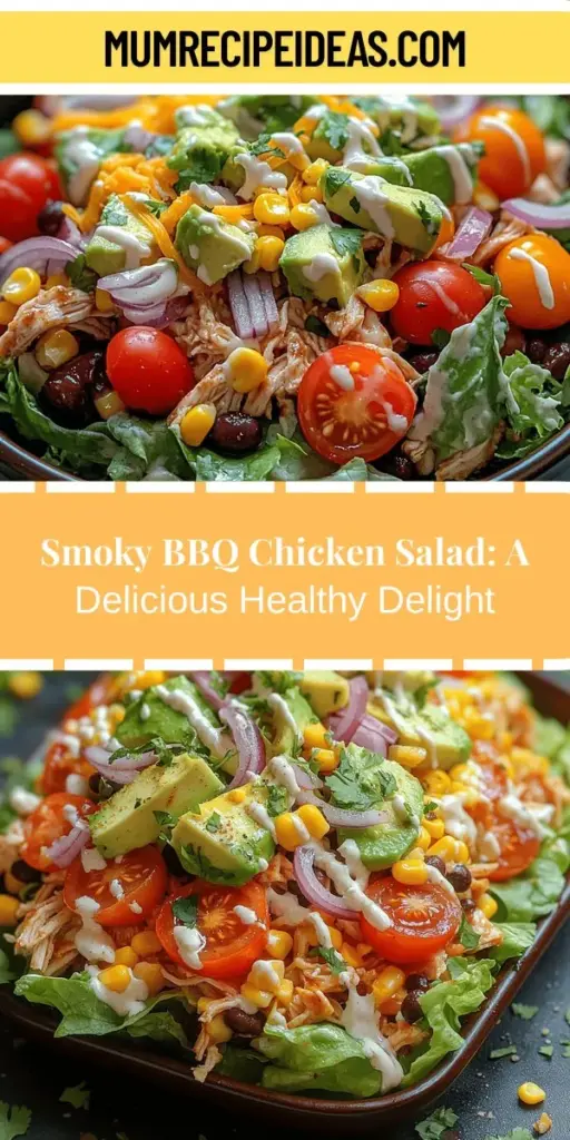Discover the Smoky BBQ Chicken Salad Delight, a perfect blend of health and flavor! This vibrant salad features grilled chicken, crisp romaine, juicy cherry tomatoes, sweet corn, creamy avocado, and zesty black beans, all drizzled with a delicious ranch dressing. Ideal for a quick weeknight meal or a summer barbecue, this versatile dish is packed with nutrients and customizable to suit any palate. Elevate your salad game with this tasty and satisfying creation that's sure to impress!