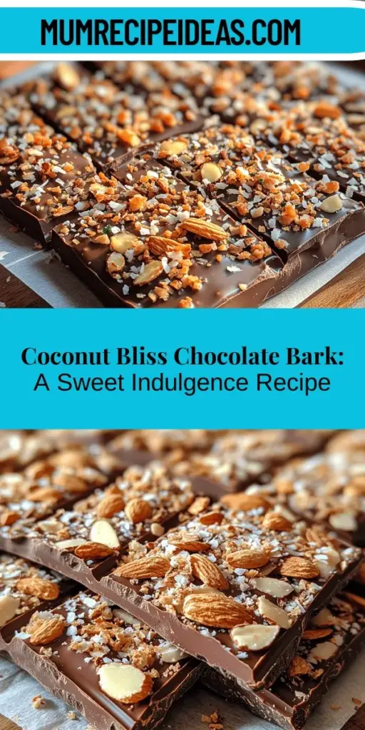 Coconut Bliss Chocolate Bark is a deliciously simple treat that tantalizes your taste buds with a perfect blend of rich bittersweet chocolate, nutty almonds, and sweet coconut. This recipe is not only easy to make but also highly customizable, allowing you to experiment with various toppings and ingredients. Whether you’re preparing a sweet snack, a festive gift, or a contribution to a gathering, this bark promises to impress everyone. Enjoy a delightful treat that’s both satisfying and nutritious!