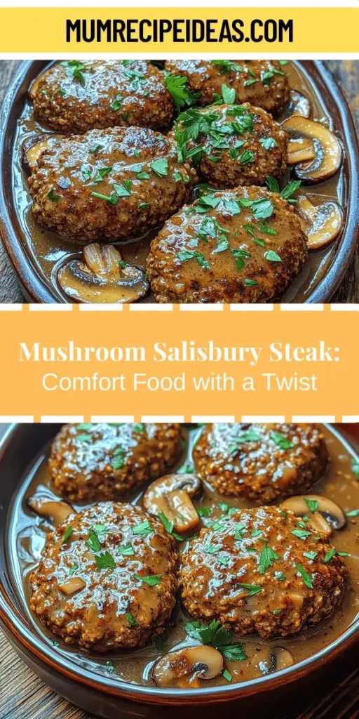 Discover a delightful twist on a classic favorite with this savory mushroom Salisbury steak recipe. Combining seasoned ground beef and earthy mushrooms, this dish brings rich flavors and textures to your dinner table. Enjoy the satisfaction of homemade cooking as you create juicy patties and a luscious mushroom gravy. Perfect for family gatherings, this recipe lets you take control of your ingredients for a wholesome and comforting meal everyone will love.