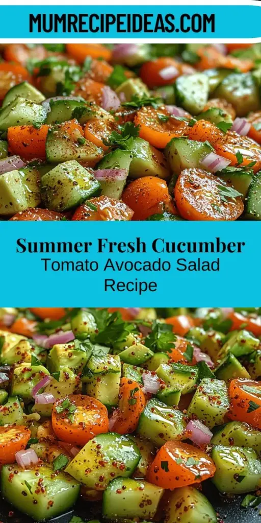 Beat the heat with this vibrant Refreshing Cucumber Tomato Avocado Salad! Bursting with fresh flavors, this dish combines crisp cucumbers, juicy tomatoes, creamy avocados, and a hint of cilantro for a delightful summer meal. It’s quick and easy to make, perfect for barbecues, casual dinners, or a light lunch. Packed with nutrients and endless possibilities for customization, this salad is your new go-to for healthy eating. Enjoy the refreshing taste of summer in every bite!