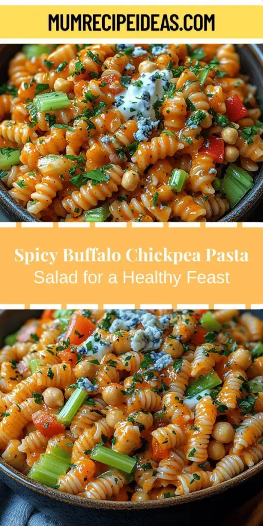 Discover the vibrant and nutritious Buffalo Chickpea Pasta Salad, a delightful twist on the classic dish! This recipe combines rotini pasta, hearty chickpeas, and a mix of fresh veggies, all coated in a zesty buffalo sauce and creamy dressing. Perfect for summer gatherings or weeknight meals, it's packed with protein and fiber to keep you satisfied. Enjoy the bold flavors and colorful presentation while catering to various dietary preferences. Make this salad your new go-to!