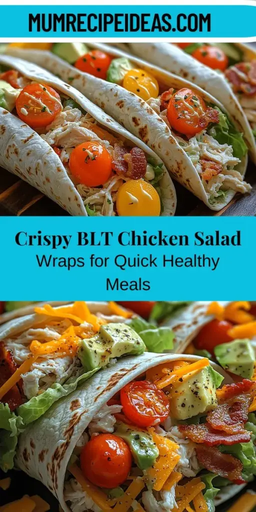Discover the ultimate quick and nutritious meal with Crispy Delight BLT Chicken Salad Wraps. This recipe combines the classic flavors of a BLT—bacon, lettuce, and tomatoes—with the convenience of a wrap. Perfect for busy days, picnics, or casual dinners, these wraps are easy to customize to suit any dietary preference. Packed with fresh ingredients and a creamy dressing, they offer a delicious way to enjoy a wholesome meal any time. Try them for your next lunch or gathering!