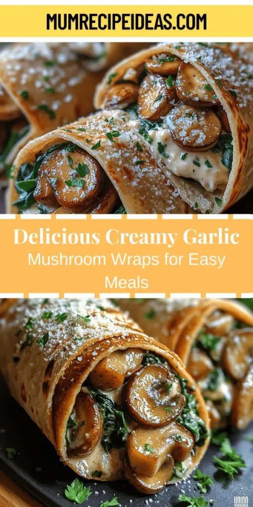 Discover the ultimate comfort food with our Creamy Garlic Mushroom Wraps recipe! This quick and nutritious meal features tender sautéed mushrooms enveloped in a rich creamy garlic sauce, all wrapped in a warm whole wheat tortilla. Packed with flavor and health benefits from ingredients like spinach and whole grains, these wraps are perfect for lunch or dinner. Enjoy a satisfying blend of tastes while keeping it wholesome and delicious. Perfect for busy days or cozy nights!