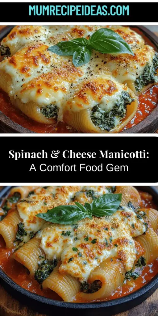 Discover the ultimate comfort food with Spinach & Cheese Manicotti Delight! This Italian classic combines tender pasta tubes filled with a creamy mix of ricotta, mozzarella, and nutrient-rich spinach, all topped with a savory marinara sauce. Packed with flavor and health benefits, this dish is perfect for family dinners or special occasions. Learn how to make this delicious meal and enjoy the warm, satisfying experience of Italian cooking at home.
