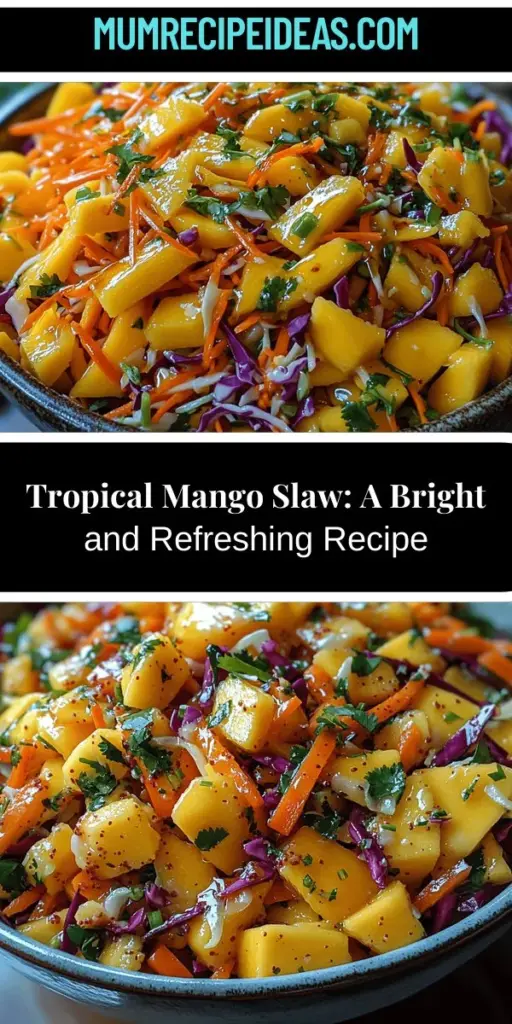 Discover the vibrant Tropical Zest Mango Slaw, a refreshing dish that blends the sweetness of ripe mangoes with crunchy veggies like cabbage, carrots, and red bell pepper. Perfect as a side for grilled meats, a topping for tacos, or a light meal, this slaw is easy to make and packed with nutrients. With its zesty dressing and colorful presentation, it’s ideal for summer gatherings. Try it today and enjoy the tropical flavors that brighten any table!