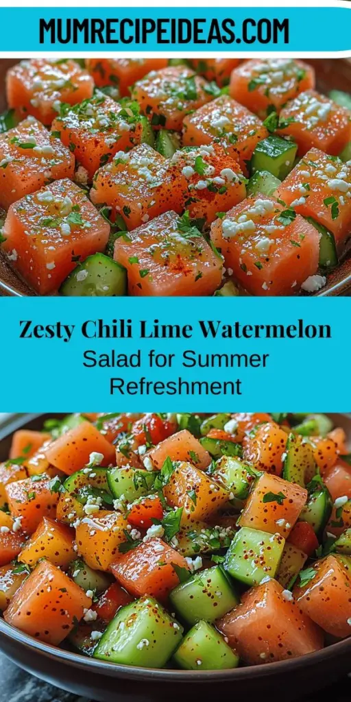 Beat the summer heat with a refreshing Zesty Chili Lime Watermelon Salad! This vibrant dish combines juicy watermelon, crisp cucumbers, sweet red bell peppers, and a spicy kick from jalapeños. Tossed with zesty lime juice and olive oil, it offers a delightful explosion of flavors. Packed with vitamins and hydration, it's perfect for barbecues, picnics, or a light lunch. Enjoy the health benefits while indulging in this unique, delicious salad that captures the essence of summer!