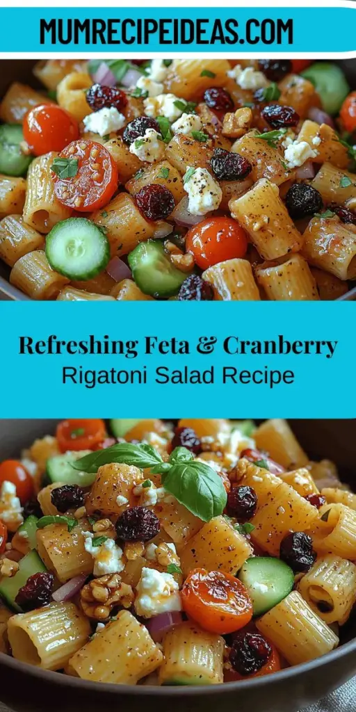Discover the delicious Feta & Cranberry Rigatoni Salad, a perfect blend of salty, sweet, and tangy flavors that make it a standout summer dish. With creamy feta, tart cranberries, and colorful vegetables, this salad is as beautiful as it is tasty. It's versatile too—serve it as a side at barbecues or as a satisfying main for vegetarian meals. Easy to prepare and packed with nutrients, this delightful salad is sure to impress at any gathering. Enjoy the freshness and wholesome goodness!