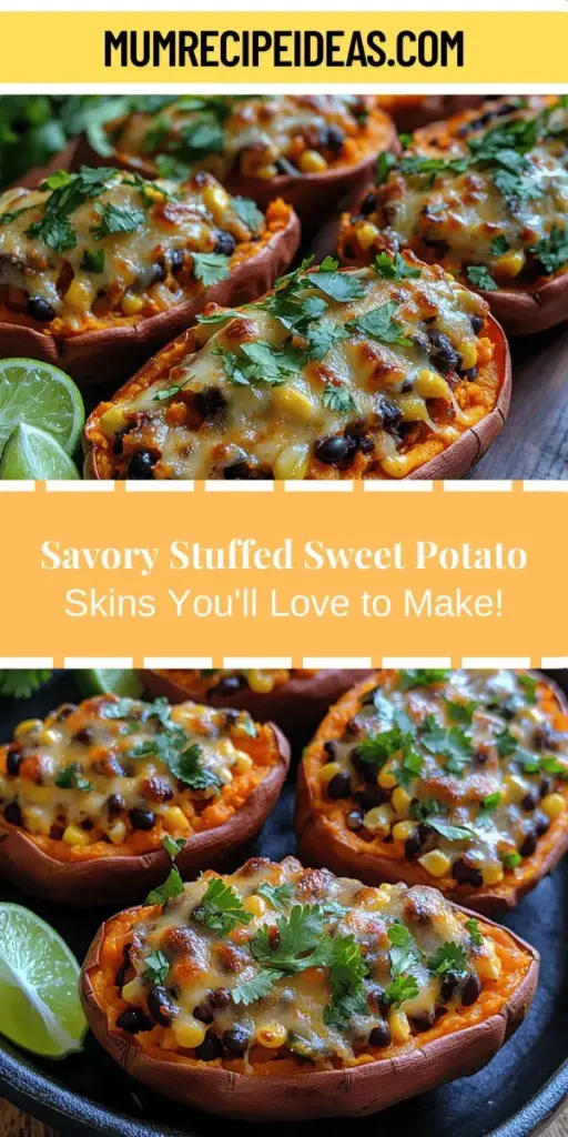 Discover the deliciousness of Savory Stuffed Sweet Potato Skins, a nutritious twist on classic stuffed potatoes. These delightful bites feature baked sweet potatoes filled with a savory mix of black beans, corn, bell peppers, and spices. Perfect for vegetarian and vegan diets, this versatile dish can be enjoyed as an appetizer or a main course. Not only are they satisfying and packed with flavor, but they also offer numerous health benefits. Try them for your next meal and impress your family and friends!