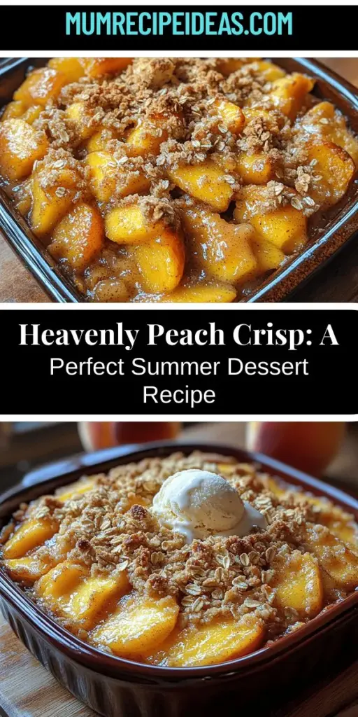 Indulge in the sweet bliss of summer with this heavenly peach crisp recipe! Bursting with fresh peaches and topped with a crunchy oat mixture, it's the perfect dessert to enjoy on a warm day. Easy to make and made with simple ingredients like sugar, lemon juice, and brown sugar, this dish highlights seasonal flavors beautifully. Serve it warm with a scoop of ice cream for a delightful contrast that will have everyone asking for seconds!