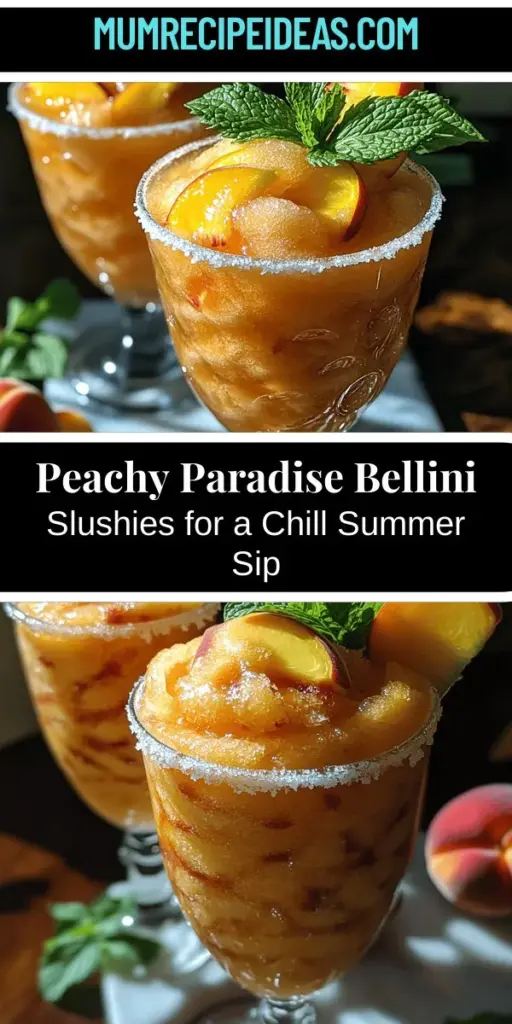 Beat the summer heat with refreshing Peachy Paradise Bellini Slushies! Combining juicy peaches and sparkling Prosecco, this easy-to-make slushy is the perfect drink for warm-weather gatherings. With just a few simple ingredients, you can create a delightful beverage that's both fun and sophisticated. Ideal for poolside sipping or elegant brunches, these slushies are sure to impress guests of all ages. Enjoy the vibrant flavors of summer in every sip!
