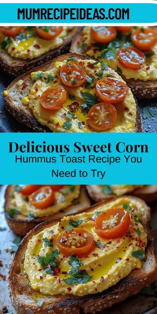 Discover the vibrant and nutritious world of Sweet Corn Hummus Toast! This delightful dish combines creamy hummus with the natural sweetness of corn, resulting in a colorful toast perfect for any meal. Packed with vitamins, minerals, and healthy fats, it’s an ideal choice for breakfast, brunch, or a light snack. With easy-to-follow steps and ingredient tips, you'll create a satisfying, wholesome treat that bursts with flavor and looks beautiful on your plate. Enjoy this tasty twist on classic hummus today!