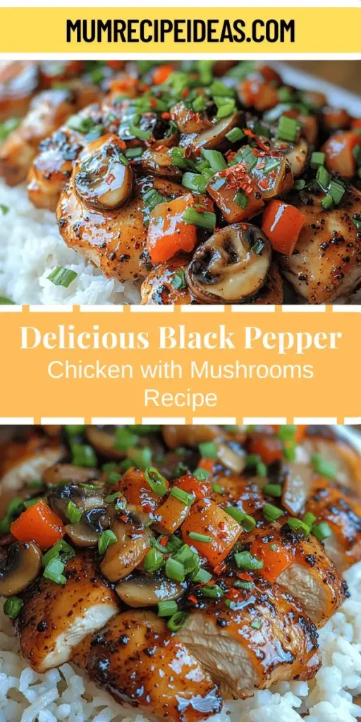 Discover the delightful flavors of Savory Black Pepper Chicken with Mushrooms in this easy-to-follow recipe. Enjoy tender, marinated chicken thighs sautéed with earthy mushrooms, vibrant bell peppers, and aromatic spices for a comforting dish that warms the soul. Perfect for weeknight dinners or special gatherings, this versatile meal pairs beautifully with rice or noodles. Experience the rich, Asian-inspired flavors that will tantalize your taste buds and impress your guests.