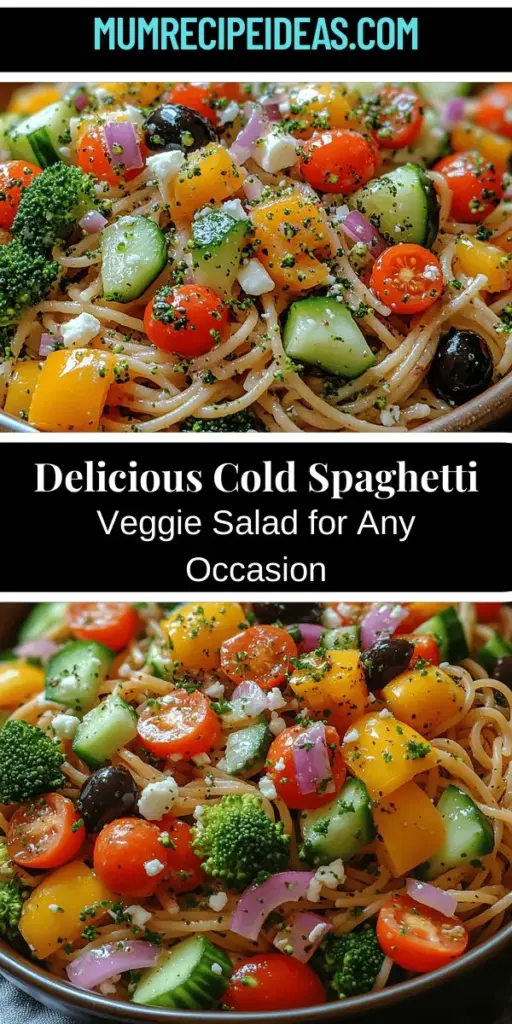 Discover the perfect blend of nutrition and flavor with our Refreshing Cold Spaghetti Veggie Salad. This vibrant dish combines hearty spaghetti with a rainbow of fresh vegetables, making it an ideal choice for busy weeknights or outdoor gatherings. Customize it to your taste by choosing whole wheat or regular pasta and your favorite veggies! With a zesty dressing and a colorful presentation, this salad is not only delicious but also packed with nutrients, making it a wholesome meal that everyone will enjoy. Explore the recipe to create your new favorite dish!