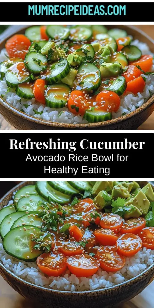 Discover the vibrant and nutritious Cucumber Avocado Rice Bowl, perfect for warm days or light meals. This delightful fusion combines creamy avocados, crunchy cucumbers, and sweet cherry tomatoes over a fluffy base of jasmine or basmati rice. Enhanced by a flavorful sesame-soy dressing, this bowl is not only visually appealing but also packed with health benefits. Ideal for meal prep or a quick dinner, it's a versatile dish that caters to various dietary needs while tantalizing your taste buds. Enjoy creating your own wholesome masterpiece!