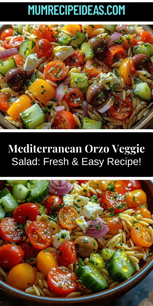 Discover the vibrant and healthy Mediterranean Orzo Veggie Salad, a delicious blend of orzo pasta, fresh vegetables, and protein-rich chickpeas. This versatile dish is perfect for picnics, potlucks, or as a quick weeknight dinner. Packed with heart-healthy ingredients like feta cheese and kalamata olives, it's not only visually appealing but also full of flavor. Enjoy the benefits of the Mediterranean diet while savoring a light, refreshing meal that’s easy to prepare and customize!