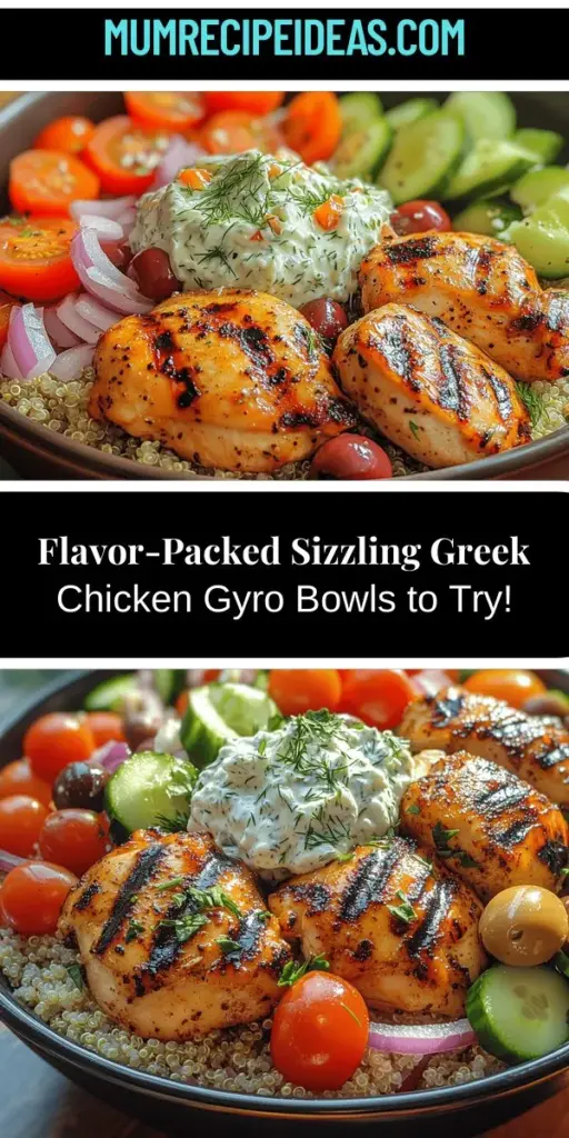 Discover the vibrant flavors of Greek cuisine with Sizzling Greek Chicken Gyro Bowls! This delicious and healthy dish combines marinated chicken, fresh vegetables, and creamy tzatziki sauce, all served over a base of quinoa or rice. Perfect for quick weeknight dinners or meal prep, these customizable bowls celebrate Mediterranean ingredients and traditions. Enjoy a satisfying meal that's both visually stunning and nutritious, making you feel great with every bite.