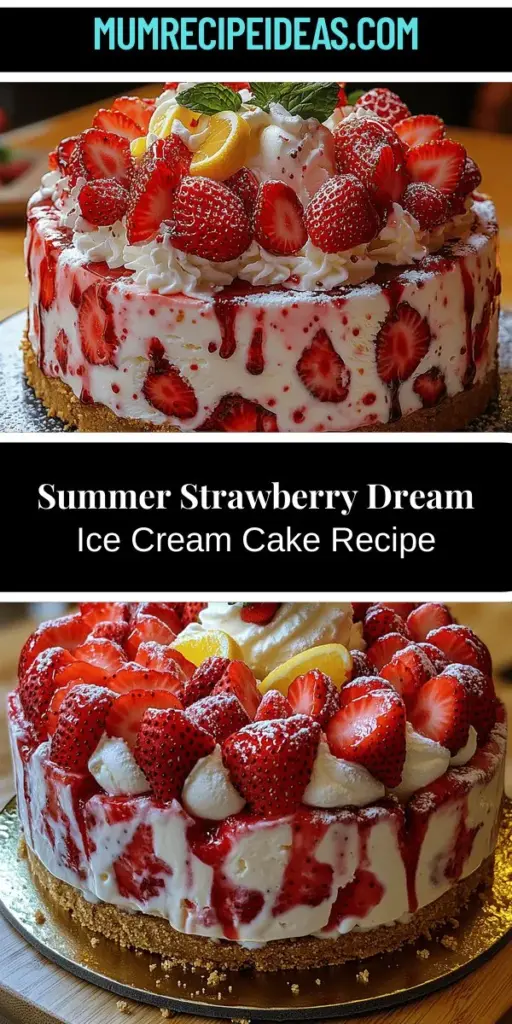 Discover the perfect summer dessert with this Strawberry Dream Ice Cream Cake! Combining creamy strawberry and vanilla ice creams on a crunchy graham cracker crust, this delightful treat is both visually stunning and delicious. Fresh strawberries add a burst of flavor and color, while whipped cream provides a light, airy finish. Ideal for parties or a refreshing after-dinner treat, this cake is sure to impress your guests and satisfy your sweet cravings! Enjoy a taste of summer with every slice.