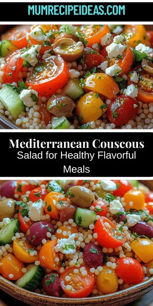 Discover the vibrant flavors of Mediterranean cuisine with this delicious Mediterranean Couscous Salad recipe. Packed with fresh vegetables like cucumbers and cherry tomatoes, briny Kalamata olives, and creamy feta, this salad is not only visually appealing but also incredibly nutritious. Perfect for a light lunch or as a side dish at summer gatherings, it's easy to make, customizable, and full of health benefits. Enjoy a taste of the Mediterranean today!