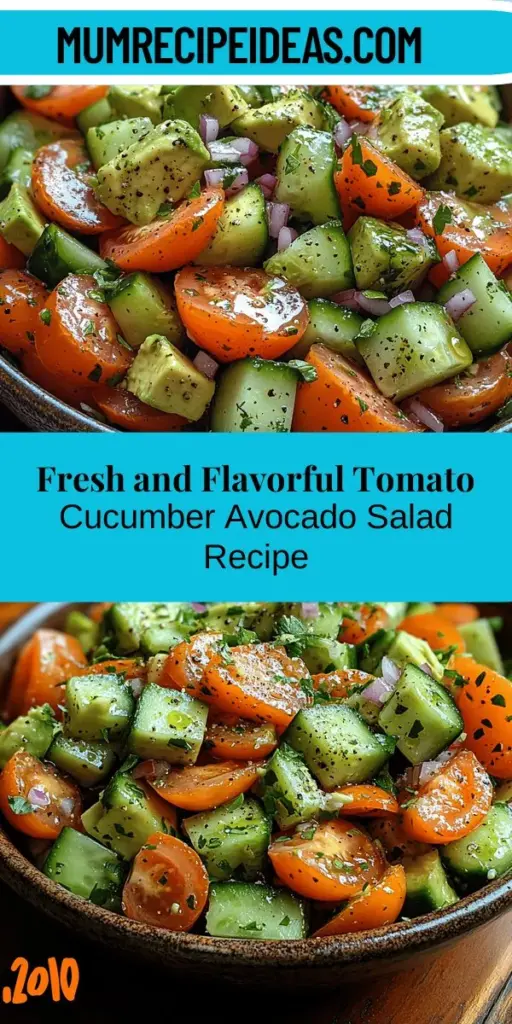 Discover the vibrant flavors of a Tomato Cucumber Avocado Salad that brings together fresh, seasonal ingredients for a delightful dish. Perfect for any occasion, this salad combines juicy tomatoes, crunchy cucumbers, and creamy avocados for a beautiful presentation and a nutritious boost. Explore tips on selecting the best ingredients, crafting a zesty dressing, and enjoy this nutritious feast that celebrates freshness and enhances every meal while being easy to customize for your tastes and preferences!
