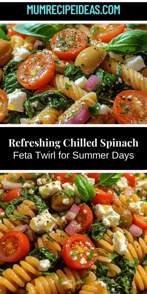 Discover the Chilled Spinach Feta Twirl, a delightful pasta dish perfect for summer! This refreshing salad combines whole grain pasta with fresh spinach, tangy feta, and Kalamata olives, all tossed in a simple homemade dressing. Ideal for picnics, potlucks, or a light meal, this dish is packed with nutrients and flavor. With its vibrant colors and wholesome ingredients, it's sure to impress your family and friends on warm days. Get the recipe and make it your next favorite!