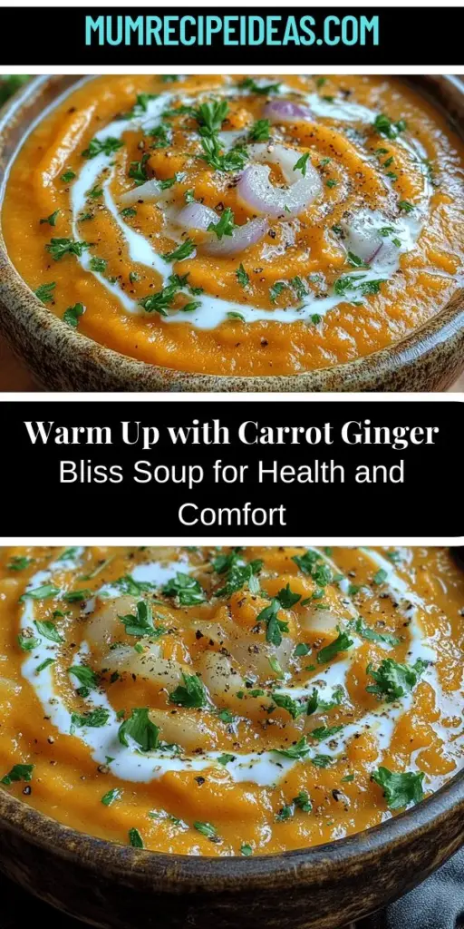 Warm up with a bowl of Carrot Ginger Bliss Soup, a delicious blend that marries the sweetness of carrots with the zesty kick of ginger. This vibrant soup not only comforts but also nourishes, perfect for cozy family dinners or elegant gatherings. Packed with nutrients, it promotes eye health, boosts immunity, and aids digestion. Discover the rich flavors and creamy texture that make this soup a delightful staple for cooler months while providing a healthy dining option. Enjoy the beauty of homemade comfort food!